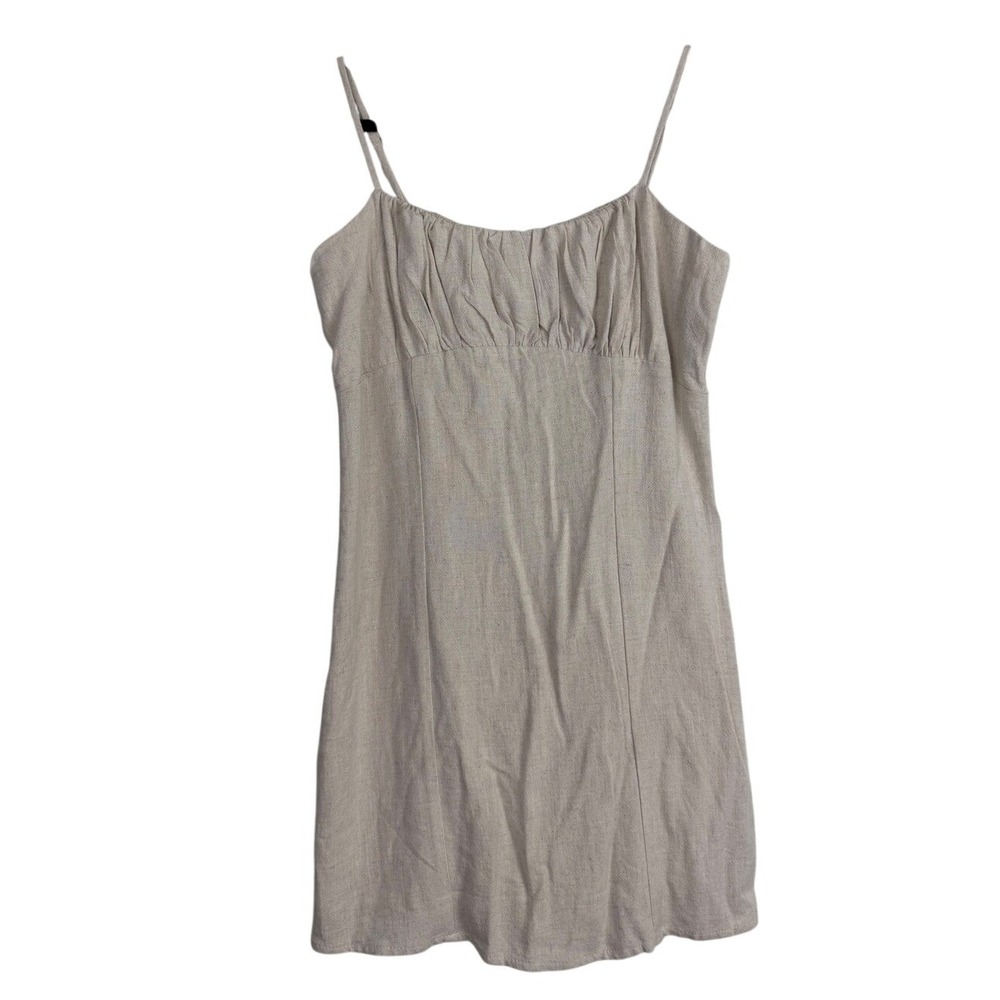 Altar'd State Beige‎ Linen Ruched Mini Dress Cottagecore Milkmaid Large NWOT